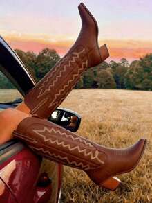 Womens Jaripeo Long Boots For Women Comfortable Retro Pull On Pointed Toe Wide Calf Long Tall Block Chunky Heel Dark Brown Boots Country Concert Festival Shoes - màu nâu - Xem 3
