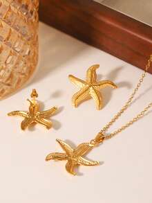3件套不锈钢18K镀金海星项链耳环套装，女士时尚休闲海洋风，可叠戴，轻盈奢华，百搭日常配饰 - 彩色 - 查看 2