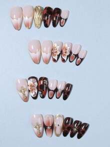 24pcs Almond Shaped 3D Gel Nail Stickers, Floral Nail Art Design, French Tip Style, Medium Size Metal Decor, Pearl Accent, Acrylic Nail Tips, Includes: 1pc Gel And 1pc Nail File. Almond Shaped French Nail Stickers, Suitable Women's Daily Work, Festivals And Parties. Nails Nail Supplies - 彩色 - 查看 4