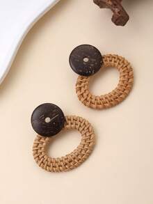 1 Pair Handmade Woven Rattan Hollow Elliptical & Natural Coconut Shell Round Exaggerated Earrings, Fashionable Island Vacation Style, Suitable For Vacation, Party And Gift - Khaki - View 7