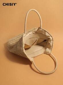 CHISIY Handmade Straw Woven Tote Bag, Shoulder Bag, Bucket Bag, Versatile Casual French Style Commuter Bag With Beaded Decor, Roomy Spacious Woven Tassel Handbag For Work, Travel, Beach, All Seasons - Camel - View 5