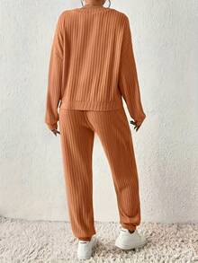 Women's Lightweight 2 Piece Lounge Set Spring Fall Thin Ribbed Knit V Neck Long Sleeve Pullover Top And Drawstring Joggers Casual Sweatsuit Matching Outfit - 橘色 - 查看 2