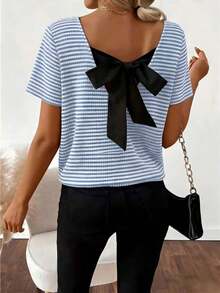 Plus Size Women's Striped Knit Short Sleeve V-Neck T-Shirt With Bow Decor On Back Casual Summer - Sky Blue - View 3