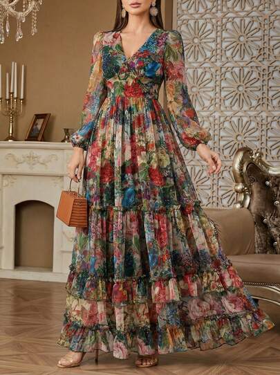 Solessence Váy hè dài tay họa tiết hoa cổ điển cho nữ