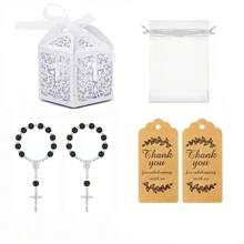 100Pcs Baptism Gift Set In Bulk, Including 25 Black Cross Baptism Gifts, 25 Drawstring Stiff Gauze Bags, 25 Thank-You Kraft Paper Labels, 25 Baptism Party Wedding Supplies Gifts, And White Boxes - View 3