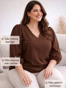 Women's Blouse With 3/4 Sleeves, Crepe Fabric, Duna Style, Elegant, Workwear, Plus Size (GG, G1, G2, G3), Evangelical Fashion - Brown - 鏽棕色 - 查看 5