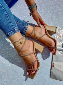 Women's Rhinestone Heeled Sandal With Tie - Sparkly - Elegant / Party - Apricot - View 1