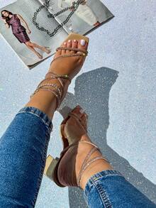 Women's Rhinestone Heeled Sandal With Tie - Sparkly - Elegant / Party - Apricot - View 2