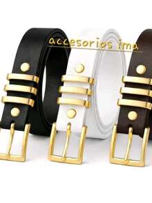 Set Of 3 Women's Belts With Square Buckle, Plus Size - negro, blanco, marrón - Ver 1