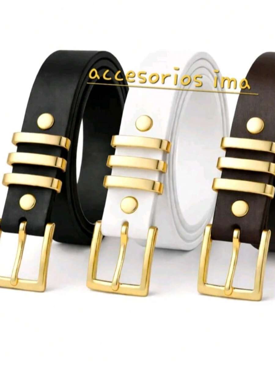 Set Of 3 Women's Belts With Square Buckle, Plus Size - negro, blanco, marrón - Ver 1