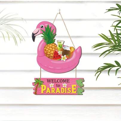 2pcs Pink Flamingo "Welcome To Paradise" Wooden Decor Sign, Summer Tropical Coconut Tree & Flamingo Wooden Plaque For Outdoor Garden, Home And Pool Flamingo Decor, Gift For Women
