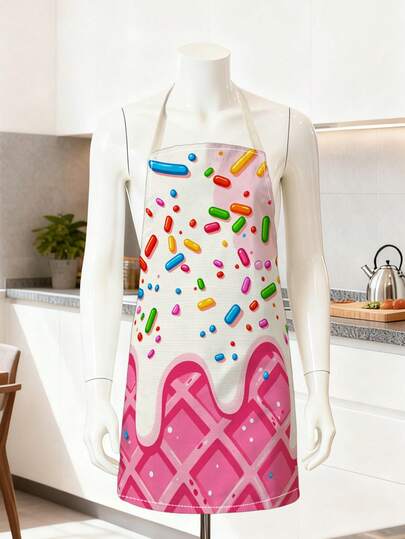 1개 재미있는 와플 테마 요리 앞치마, 다채로운 사탕과 와플 패턴이 있는 핑크 배경, 크기 55*68cm, 홀터 디자인, 크리스마스, 봄 모임, 일상 요리, 베이킹 및 파티에 적합