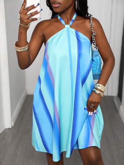 KWJA Vestido de vacaciones asimétrico/asimétrico de tela tejida a rayas de talla grande para mujer, primavera/otoño