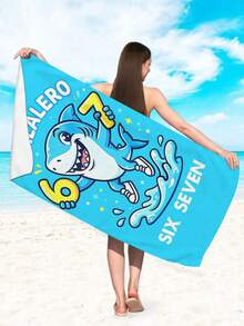 1pc Personalized "67" Cartoon Shark Beach Towel, "SIX SEVEN" Printed Super Soft Quick-Dry Large Beach Towel, Suitable For Bathroom, Swimming, Fitness, Yoga, Camping, Soft And Comfortable Microfiber Towel, Lightweight And Portable, Windproof And Sun-Proof, Summer Travel Sand-Proof, Beach Resort Essential Gift Shawl Beach Towel (Single-Sided Printing) - Cartoon Shark - View 4