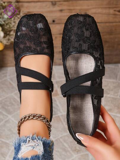 Zapatos planos de mujer con diseño de encaje y malla tipo Mary Jane, con decoración de patrones, de punta redonda, con correa cruzada, versátiles y casuales, elegantes y cómodos para fiestas de noche