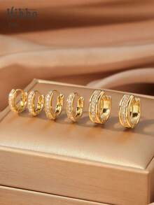 Hihho 6pcs Set Of Luxury Minimalist Hoop Earrings, Including Ombre Rhinestone, Plain, Heavy Rhinestone, And Striped Styles, Multiple Sizes Available, Clip-On Design For Easy Wear, Shining Gift For Girlfriend Or Best Friend - Gold - View 12