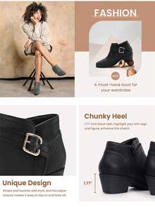 Athlefit Women's Chunky Low Heel Ankle Boots Classic Pointed Toe Side Zipper Booties - 黑色 - 查看 8