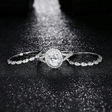 MDFUN 18K镀白金三件套椭圆形光环锆石戒指套装 - 女士结婚永恒叠戴戒指 - 白色 - 查看 4