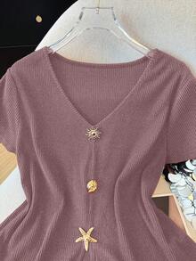 PARARAL 大尺碼女款春夏時尚百搭純色V領金屬裝飾舒適休閒夏季T恤上衣，女式辦公通勤裝，女式春夏日常優雅服飾，彈性面料，修身收腰設計 - 粉色 - 查看 8