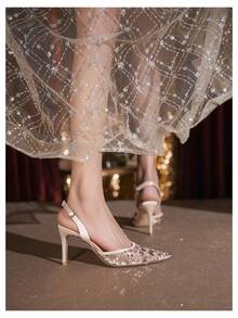 Women's High Heels, Women's High Heel Sandals, Women's Open-Toe Lace Mesh High Heels, Women's Closed-Toe Backless Stiletto Heels, Fairy Style, White, Floral, For Parties. - Champagne - View 7