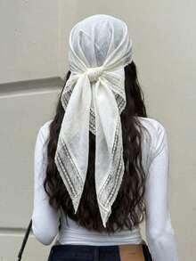 1pc Women's Elegant Solid Color Square Lace Trim Headscarf, As Headscarf, Shawl And Hair Accessory, Fashionable Casual Accessory For Summer - White - View 3