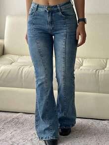 Womens Casual Long Denim Flare Leg Jeans With Pockets And Button Washed Slight Stretch Fabric - Retro Blue - View 6