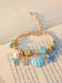 1pc Ocean Style Charm Bracelet, Starfish & Shell Charm Bracelet, Shell & Conch DIY Bracelet, Fashionable Boho Holiday Style Bracelet, Fashionable Cherry Blossom Flower Charm Bracelet - Gold - View 3