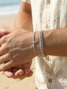 2pcs Stainless Steel Cross Bracelet For Men - Minimalist Religious Style Jewelry, Polished Chain Spiritual Bangle - Ideal Christian Gift For Christmas, Father's Day And Valentine's Day - Silver - View 5