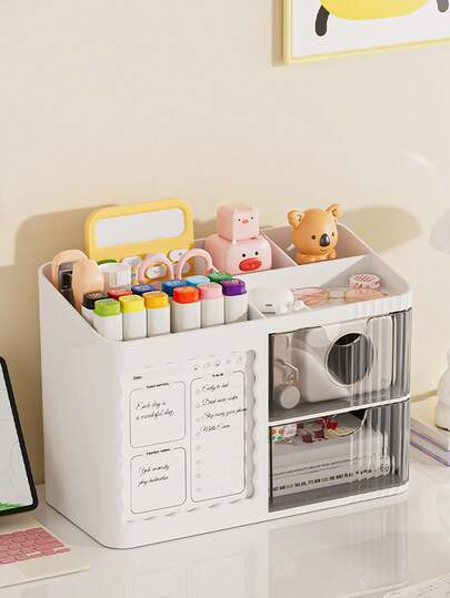 1PC Stylish, Single-Piece Desktop Organizer Features Drawers And Is Versatile Enough To Store Office Supplies, Calculators, And Various Desktop Tools. Its Minimalist Design Makes It Ideal For Professional Offices, Workstations, And Even Home Studies. It Perfectly Blends Practical Storage With Aesthetically Design, Effectively Enhancing The Style Of Your Workspace.