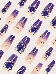 24pcs Elegant Purple Ombre Flower, Glitter, Vine & Lily Nail Art False Nails Set, Includes 1 Sheet Of Stickers And 1 Mini Nail File, Suitable For Women And Girls, Random Delivery - Purple - View 4