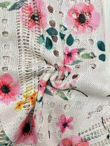 Women's Floral Print Hollow Out Short Sleeve V-Neck Knit Cardigan, Regular Fit Front Button Lightweight Top, Vacation Wear, Summer - Khaki - View 8