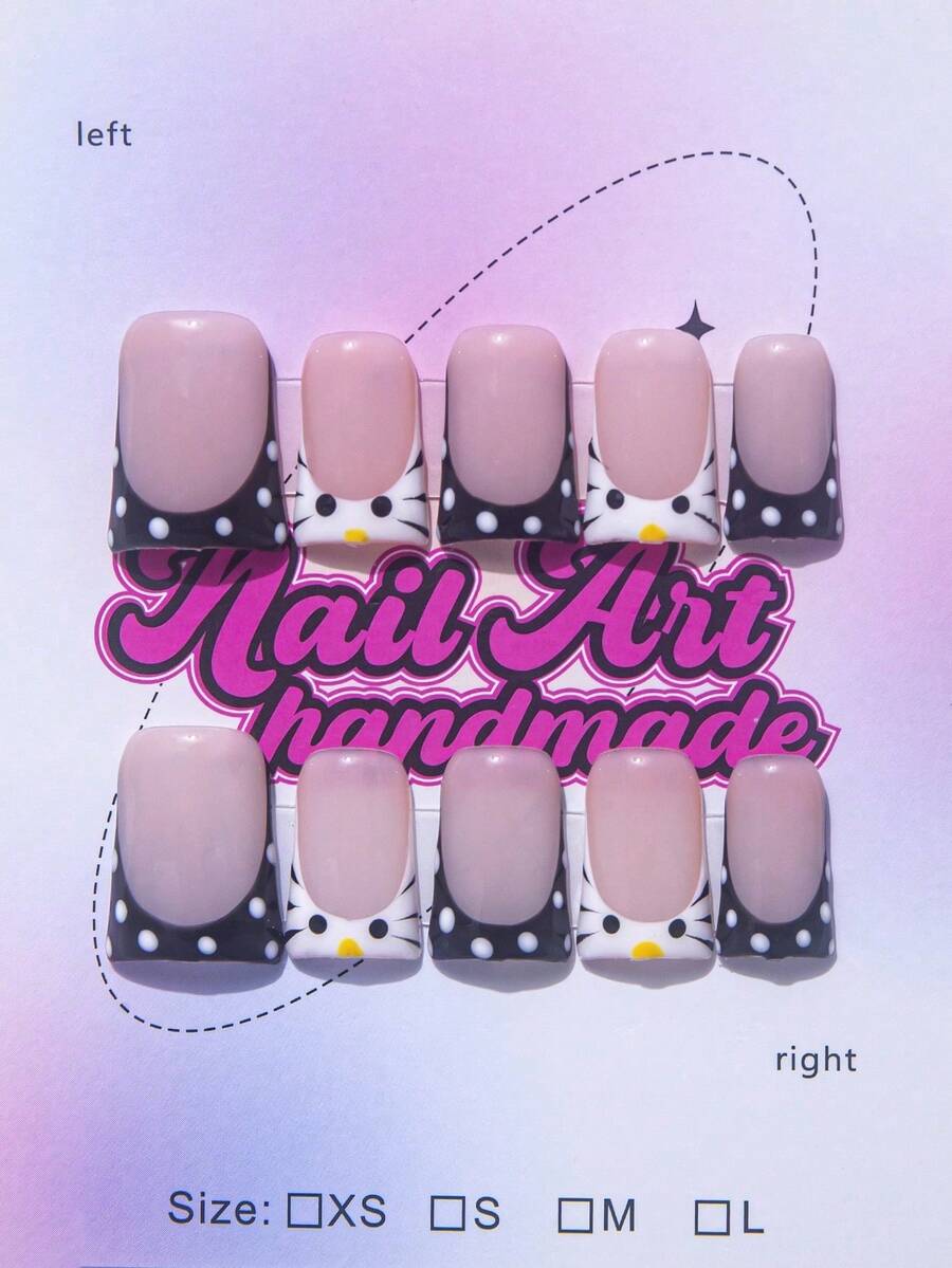 10Pcs Set Handmade Press-On Nails, Duck Billed Shaped Y2K Baddie Style, Nude & Black Color With French Tip, Rhinestone, Flower Design, Suitable For Party, Wedding, Everyday Wear, Gift For Women & Girls, Comes With Tool Kit Nail Supplies Nails - Black - View 1