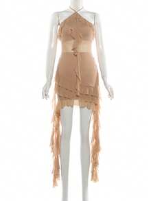 YeonC Tie-Up Halter Backless Fitted Bodycon Mini Dress With Mesh Sheer Ruffle Trim Tassel Patchwork - Khaki - View 10