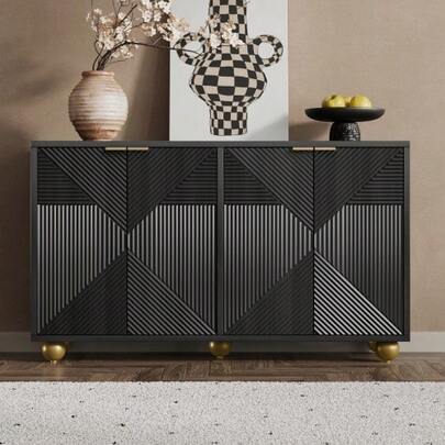Sideboard With Four Molded Doors, Adjustable Interior Shelves, Metal Handles And Ball-Shaped Legs.