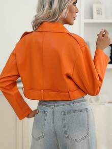 女士仿皮短款夹克，翻领拉链摩托车夹克，配腰带 - 橘色 - 查看 9