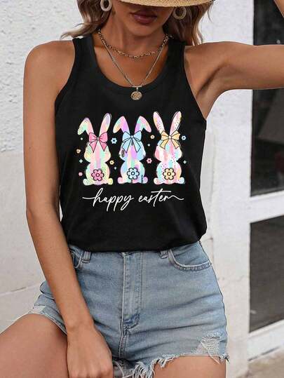 Easter Sleeveless T-Shirt For Women, Featuring A Print Of Three Colorful Bunnies. A Casual, Round-Neck Tank Top That Flatters The Back And Is Suitable For All Seasons, Perfect For Beach Vacations, Holiday Outings, And More.