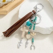 1 pieza Llavero con colgante de cuero con borla, estilo vaquero occidental retro, con hoja y cabeza de toro de metal, perfecto como regalo para amigos - Multicolor - Ver 3