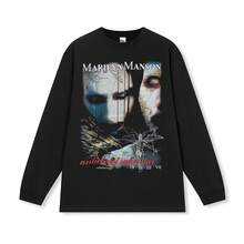 Nueva y popular camiseta vintage de manga corta de Marilyn Manson para hombre y mujer, estilo retro americano con efecto desgastado, camiseta de algodón puro para  internacional. - Camisa negra de manga corta (cuello pequeño) - Ver 5
