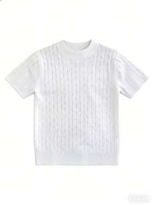 男童基础款纯色麻花针织短袖毛衣，儿童休闲圆领针织上衣，百搭日常针织衫 - 白色 - 查看 3