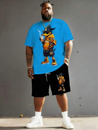 男士休闲街头卡通系列“可爱酷鸭”图案设计运动服套装 - 涤纶针织面料，圆领设计，抽绳短裤，口袋细节，常规版型，适合大码身材