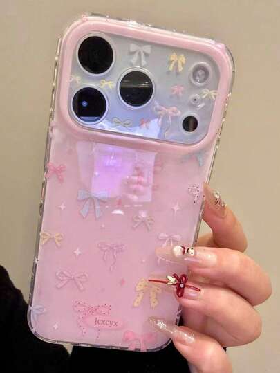 Luxury Bling Pink Background Colorful Bow Lens Protection Phone Case Compatible With IPhone 17 Pro Max 16 15 Pro Max Fashion Painting Girl Heart Back Shockproof Protective Cover Suitable Girl Friend's Gift