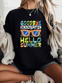 Camiseta Unisex 100% Algodón con Estampado "Adiós Jardín de Infancia, Hola Verano, Graduado de Jardín de Infancia", Cuello Redondo y Manga Corta - Negro - Ver 1