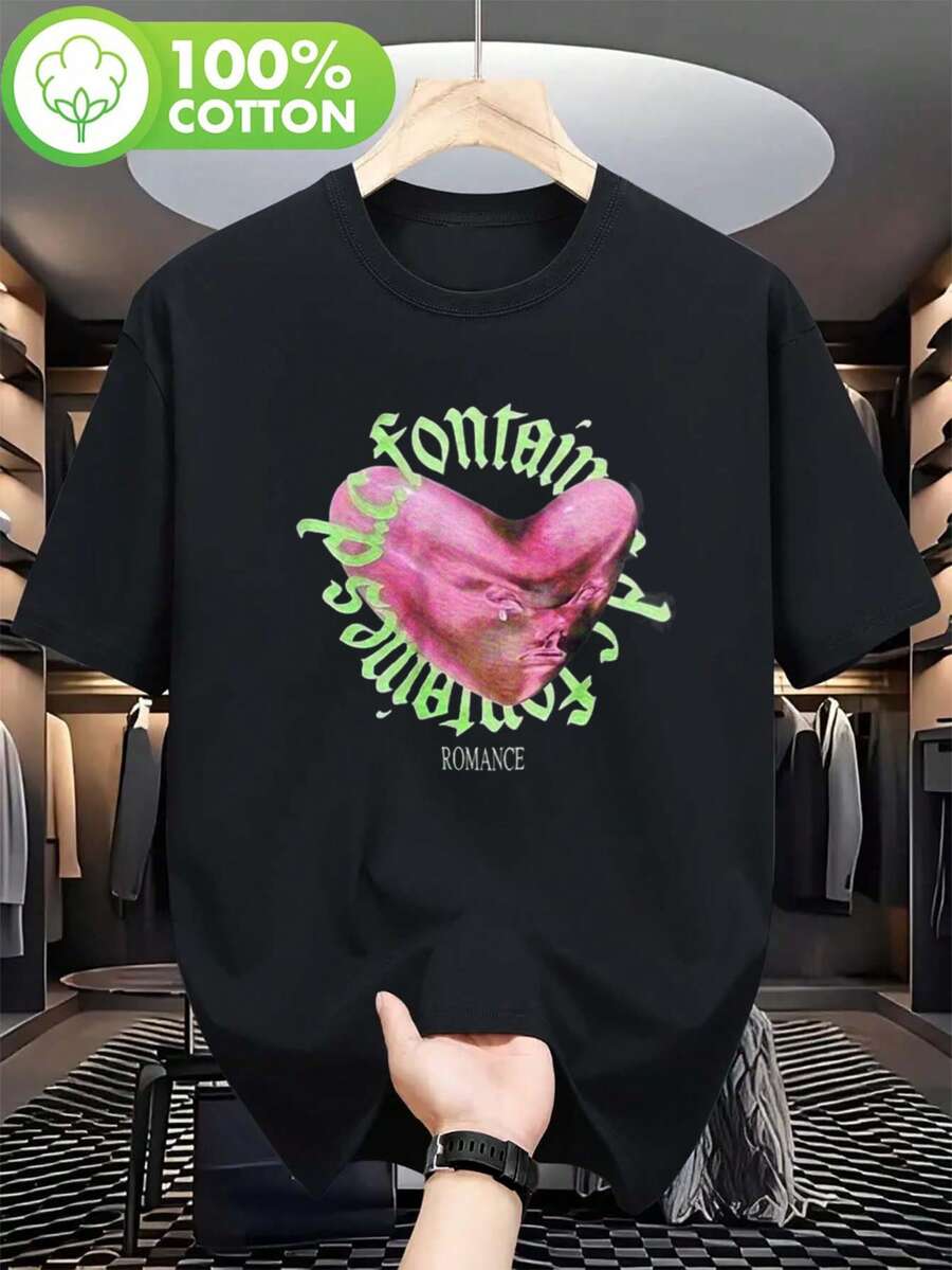 Fontaines DC Official Dublin In Romance Album T-Shirt Black With Neon Green Hearts, Irish Text, Soft, Machine Washable, Band T-Shirt For Concerts, Casual Wear, Everyday Use, Merchandise For Music Fans, Durable, . - 黑色 - 查看 1