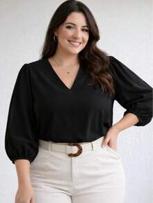 Women's 3/4 Sleeve Blouse In Duna Crepe, Elegant, Workwear, Plus Size (GG, G1, G2, G3), Evangelical Fashion - Black - màu đen - Xem 1