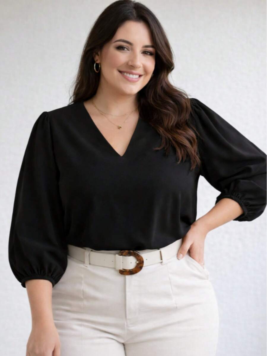 Women's 3/4 Sleeve Blouse In Duna Crepe, Elegant, Workwear, Plus Size (GG, G1, G2, G3), Evangelical Fashion - Black - màu đen - Xem 1