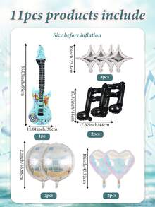 11pcs Music-Themed Party Foil Balloon Set, Including 22" Disco 4D Ball, 18" Colorful Heart Balloons, Musical Notes, 10" Multicolor Star Balloons, Suitable For Pop Music, Disco, Rock Music Birthday Party Decorations - Multicolor - View 11