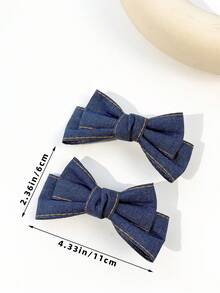 2个装女士纯色牛仔布可爱蝴蝶结发夹，适合日常佩戴 - 藍色 - 查看 5