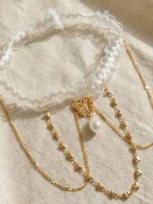 1pc Women's Lace Trim Gold Bow Elastic Bridal Hair Tie - White - View 3