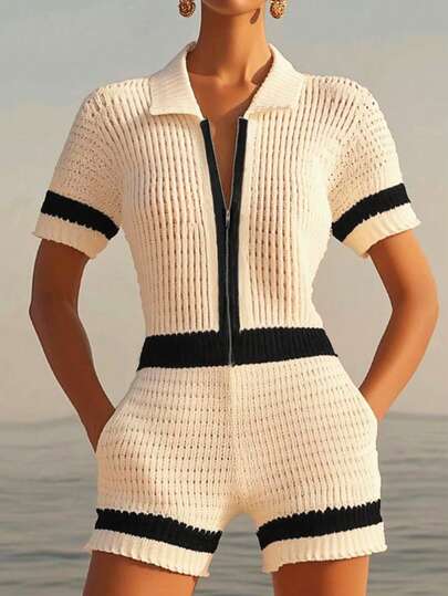 女士针织翻领撞色短袖连体裤，带拉链镂空设计，优雅春夏款