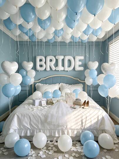 13-57pcs Bride Balloon Set - 40 Inch Giant White BRIDE Banner Decor + Matte White & Powder Blue Thick Latex Balloons + White Non-Woven Flower Petals, Perfect For Bridal Shower, Bachelorette Party Room Decor, Bride To Be Supplies, Wedding, Engagement, Wedding Photo Props, Backdrop Decor, Ladies Party
